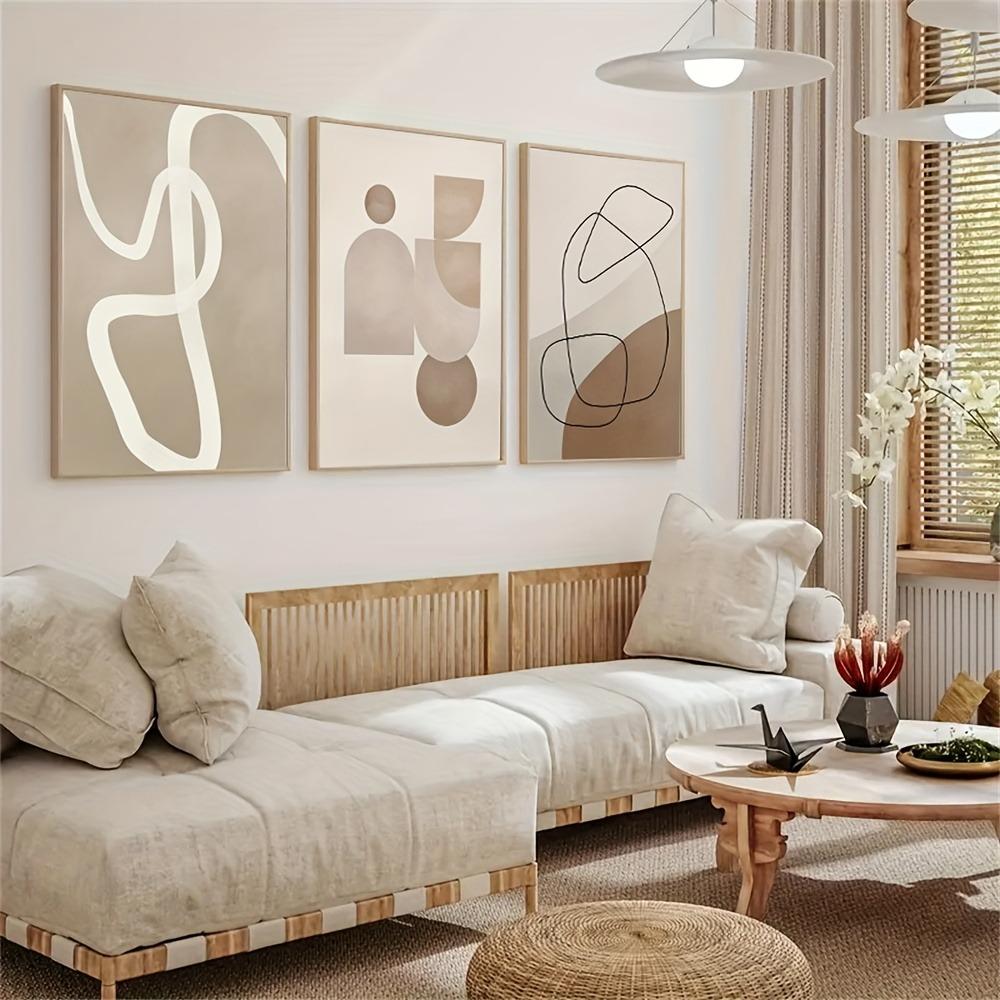 3pcs Frameless Modern Beige and Brown Geometric Canvas Prints,Abstract Line Art Posters,Retro Minimalist Wall Decor,Bohemian