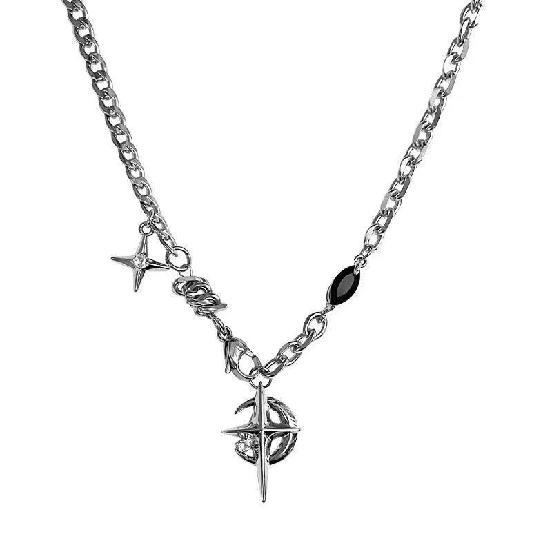 Men's Niche Design Titanium Steel Starburst Necklace with Black Gemstone