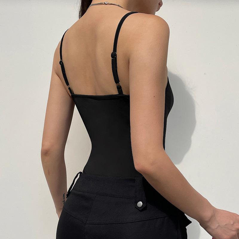Sweetown Sleeveless Skinny Shirring Skinny Sexy Spaghetti Strap Bodysuit For Women Black Solid Simple Basic Vacation Camisole