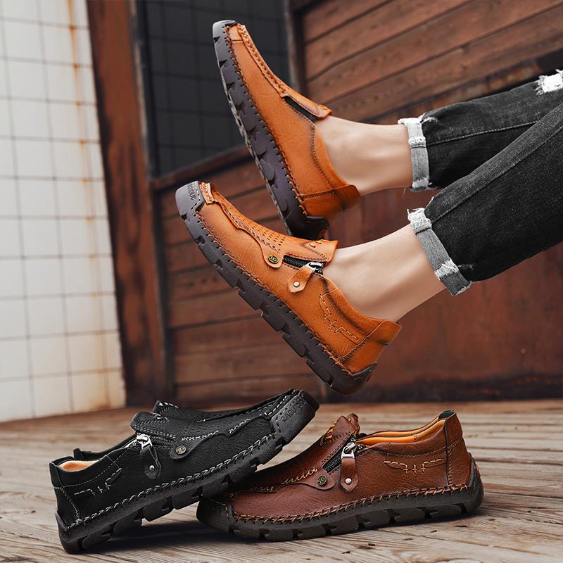 Fashion Handmade Leather Men Shoes Vintage Zipper Design Sneakers Hollow Out Breathable Comfy Casual Leather Mens Outdoor Walking Shoes