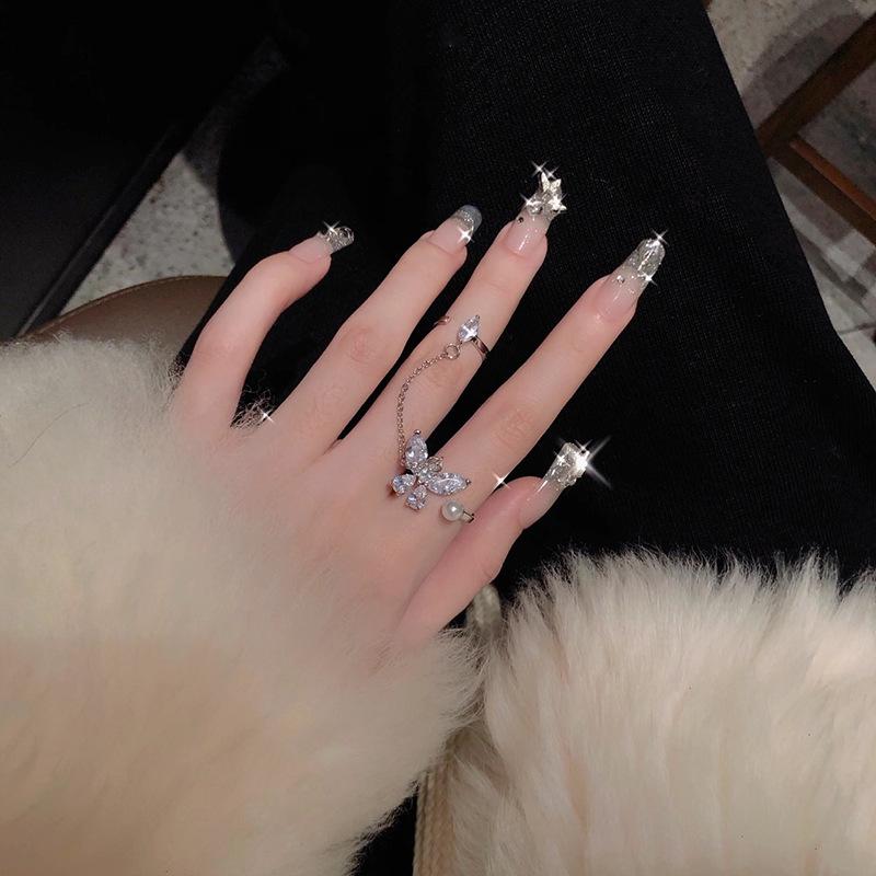 Butterfly Zircon Ring, Female Trendy Cool Personality Niche Design, High-End Index Finger Ring, Light Luxury Exquisite Open Ring