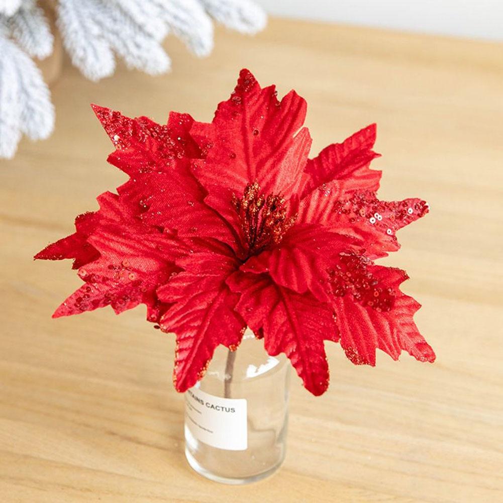 Beautifully Crafted Poinsettia Glitter Artificial Flowers for Christmas Tree