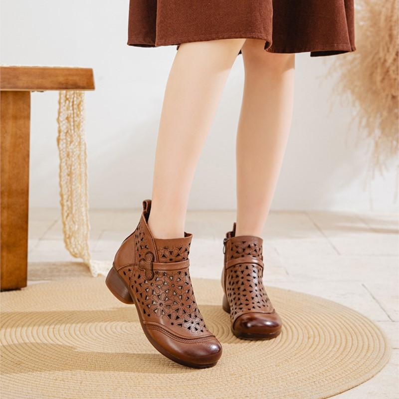 Johnature Hollow-out Genuine Leather Short Boots Retro Thick Heel Breathable Soft Soled Women's Shoes