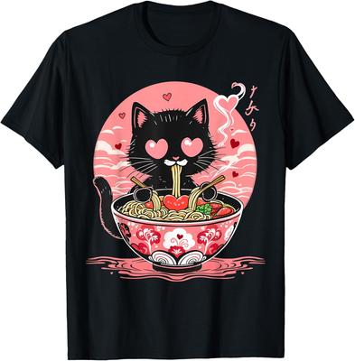 Kawaii Schwarze Katze isst Ramen Anime Japanische Ästhetik Grafik T-Shirt Männer Frauen Täglich Perfekt für Foodies Katzenmütter