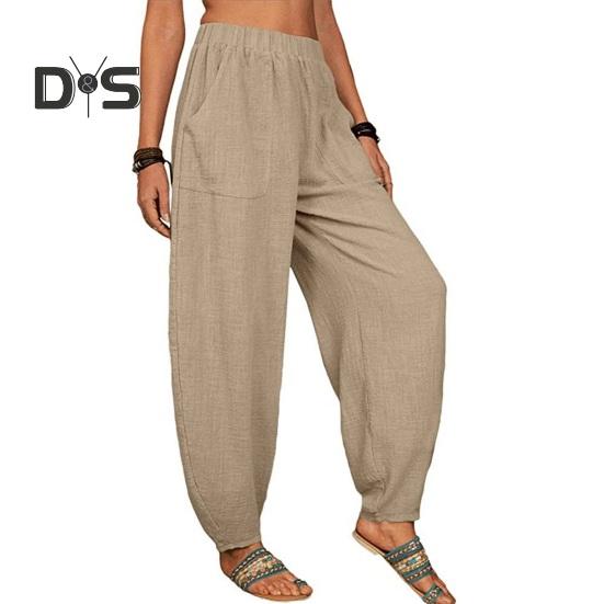 Damen Freizeithose, elastische, hohe Taille, einfarbig, Haremshose mit Taschen, lockere Passform, atmungsaktiv, lange Hose für den Alltag