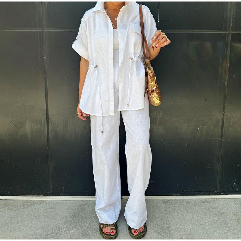 Set de damă cu șort cu șnur și mânecă scurtă, culoare uni, pantaloni lungi, cu trei culori la alegere, cu talie marcată, stil casual, vară, set nou pentru femei