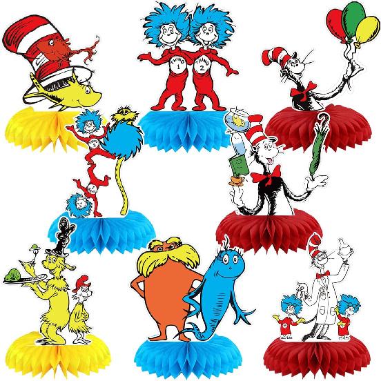 8 Pieces Seuss Cat Birthday Party Supplies, The Cat In The Hat Honeycomb Centerpiece, Cartoon Theme Birthday Decorations Party Supplies for Kids Boys