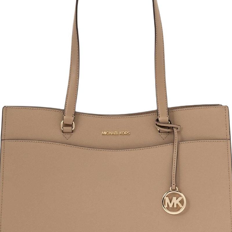 Michael Kors Jet Set Travel Logo Pendant Double Shoulder Strap Design Cow Leather Tote Shoulder Bag Large Women's Light Khaki