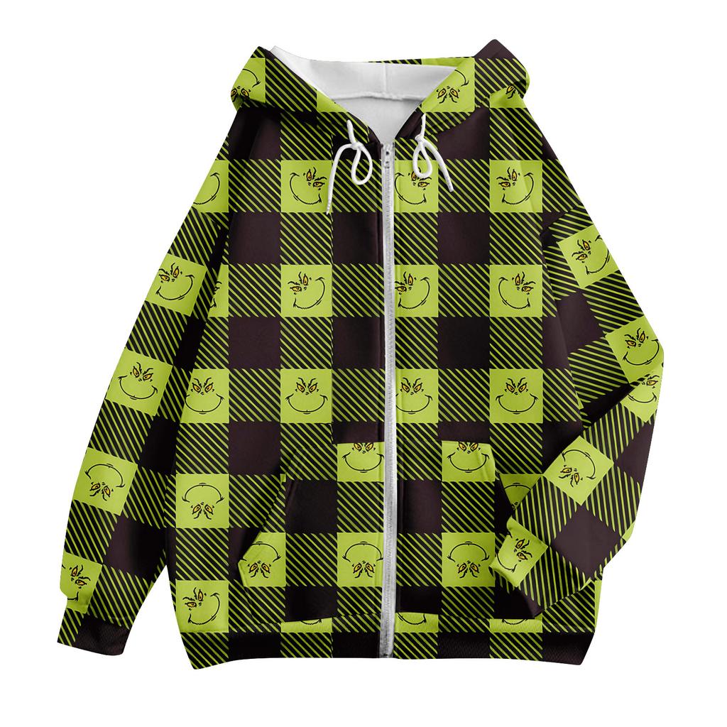 Damska casualowa bluza z kapturem, z zamkiem błyskawicznym, z nadrukiem, z długim rękawem