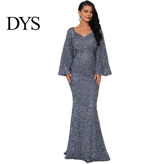 Long Dress Bell Sleeves Women Evening Sequin A-line Slim Fit Low-cut V Formal Occasion Gown Neck Maxi Mid Waist Back Zipper Closure Prom Slim-fit