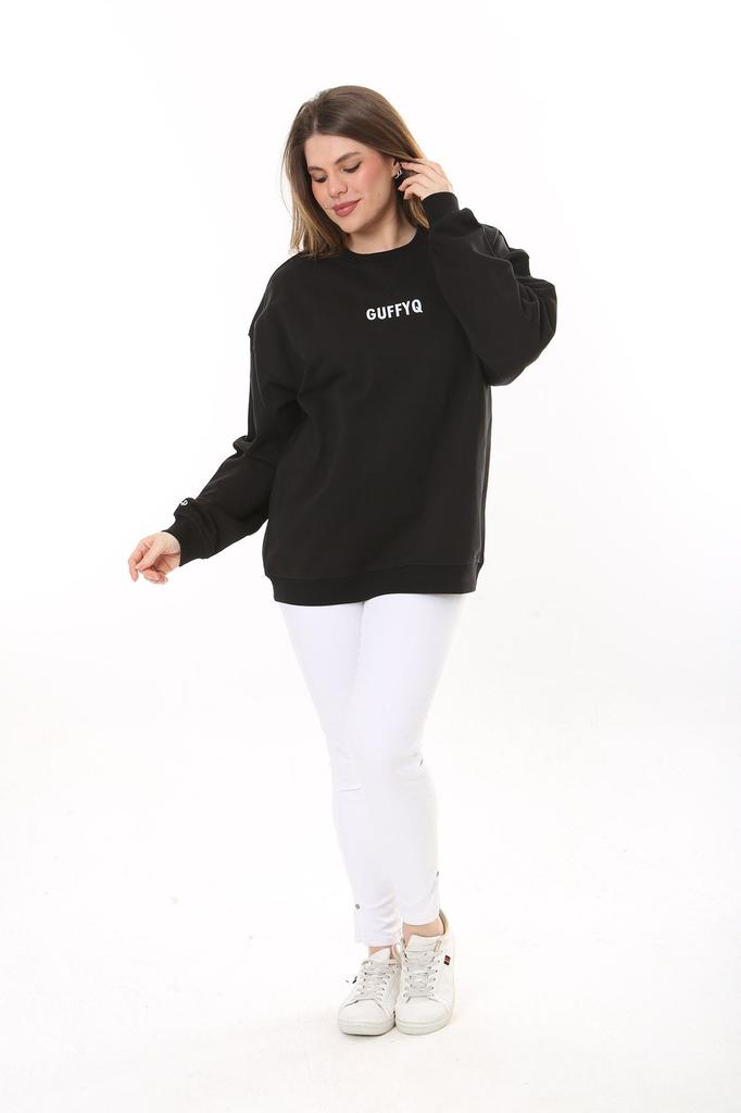 Damenstil Übergröße Sweatshirt Große Größe Schwarz Baumwollstoff Sweatshirt mit Stickbuchstaben