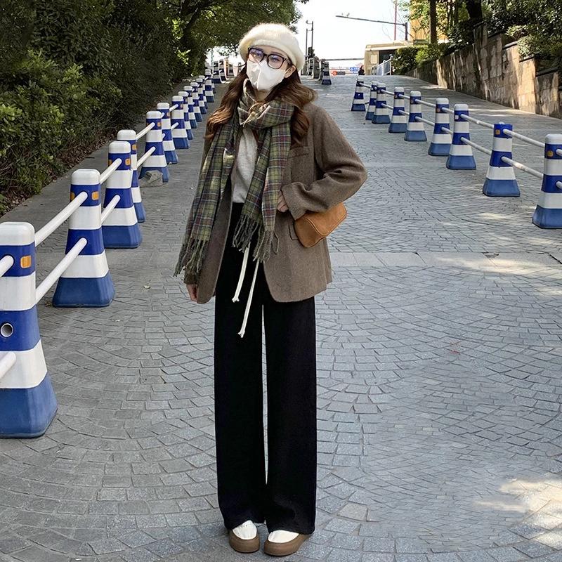 Pink Faux Cashmere Knitted Pants For Women Autumn Winter Thickened High Waist Relaxed Straight Leg Wide Leg Casual Trousers
