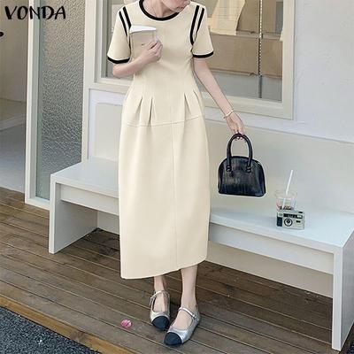 Women Summer Casual O-Neck Short Sleeve Stitching Dress Sundress