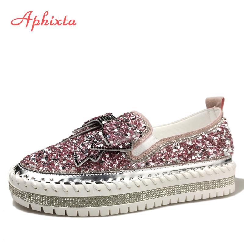 Fashion Aphixta Fashion Big Size 42 43 Flats Women Leather Loafers Flat Platform Wine Red Shoes Crystal Sequined Bow Casual Shoes