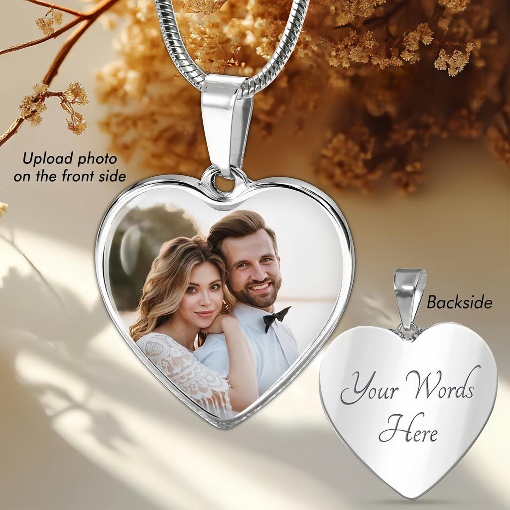 Amaxer Personalisierte Herzfarbe Foto Halskette Benutzerdefinierte Bild Text Gravur Runde Form Edelstahl Anhänger Schmuck Geschenk
