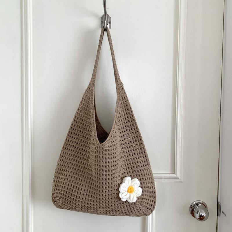 Flower Print Knit Bag for Women Hollow Out Mesh Tote Shoulder Purse Soft Woven Handbag Casual Daily Outing Bag