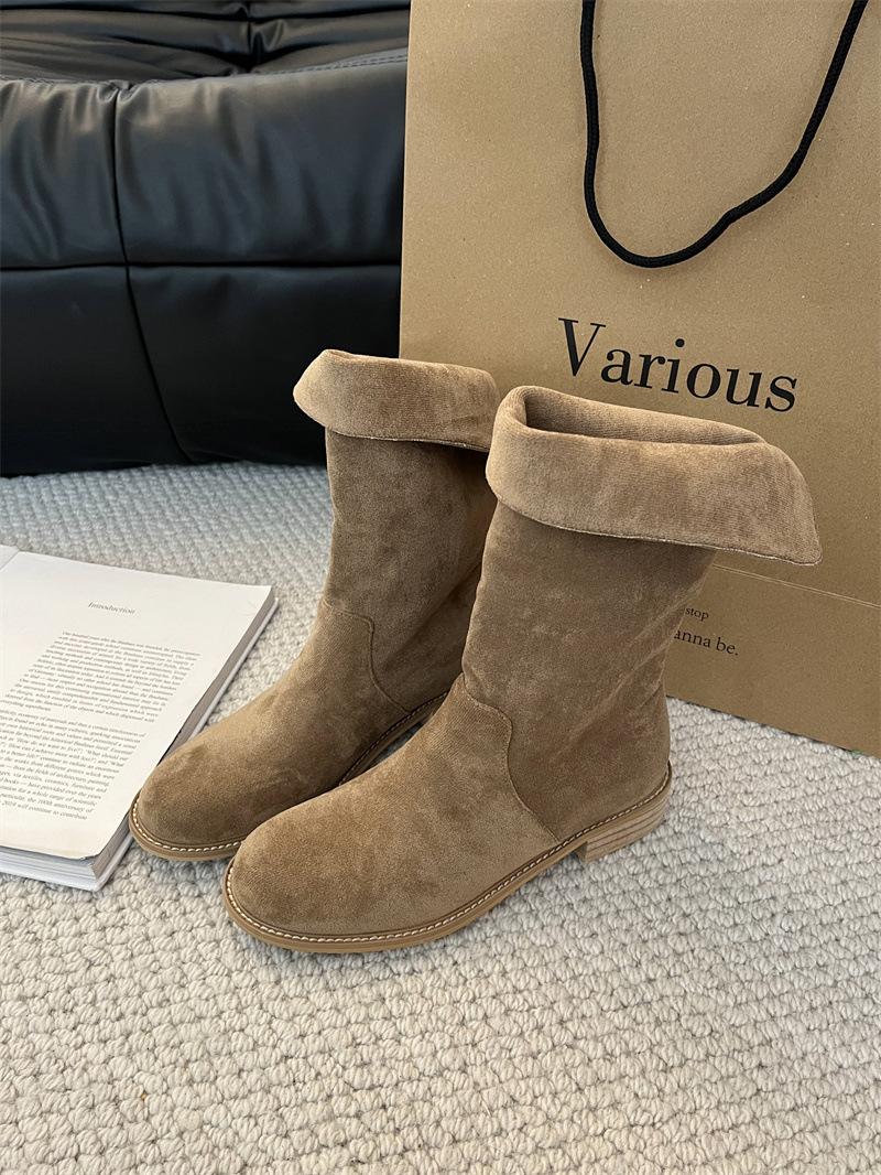 

2025 summer and autumn new thick low-heeled knight boots Korean version trendy round head medium tube boots fashionable two-wear casual fashion boots 39 абрикосовый