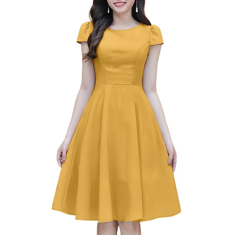 

ZANZEA Женское летнее повседневное платье А-силуэта с круглым вырезом и короткими рукавами XL жёлтый