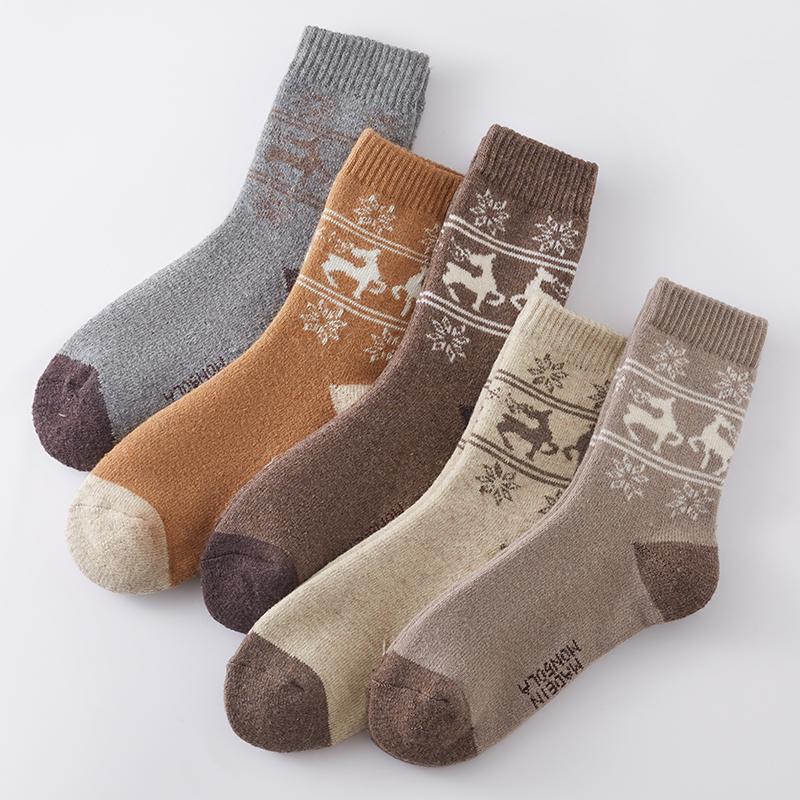 

5 пар шерстяных носков, утолщенных, высокого качества, для женщин и мужчин, повседневные, средней длины, для походов, носки-тапочки, удобные, теплые, зимние, рождественские EU 35-43