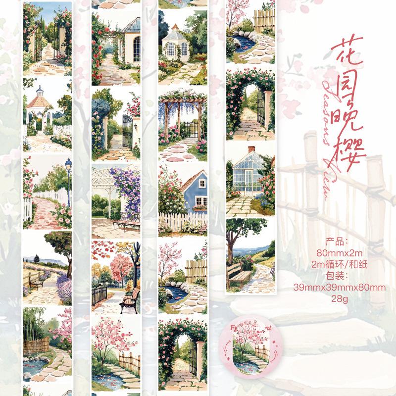 1 Roll 8*200cm Scene-Building Tape Stickers, Illustration-Style Cityscape with Houses & Figures for Scrapbooking