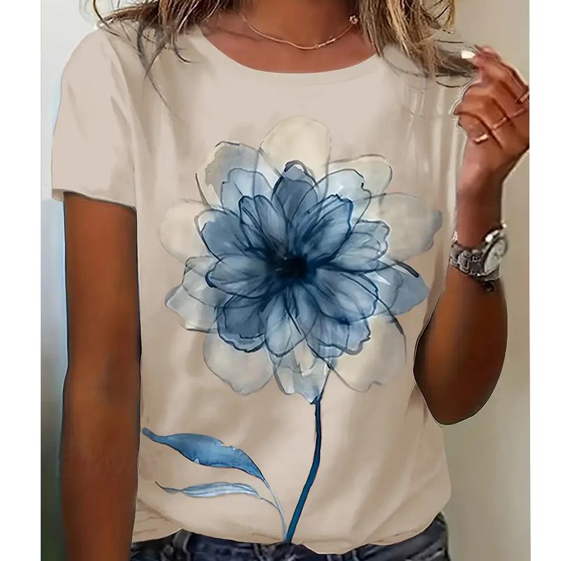 Women Summer T Shirt Retro Fashion Short Sleeve Tees Casual Flower Printed  Tops