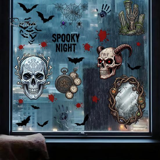 And Skull Cling Halloween Electrostatic Glass Stickers, Demon Blood Handprints Bats Scary Window Pattern Clings, Spooky Stickers for Doors Mirrors