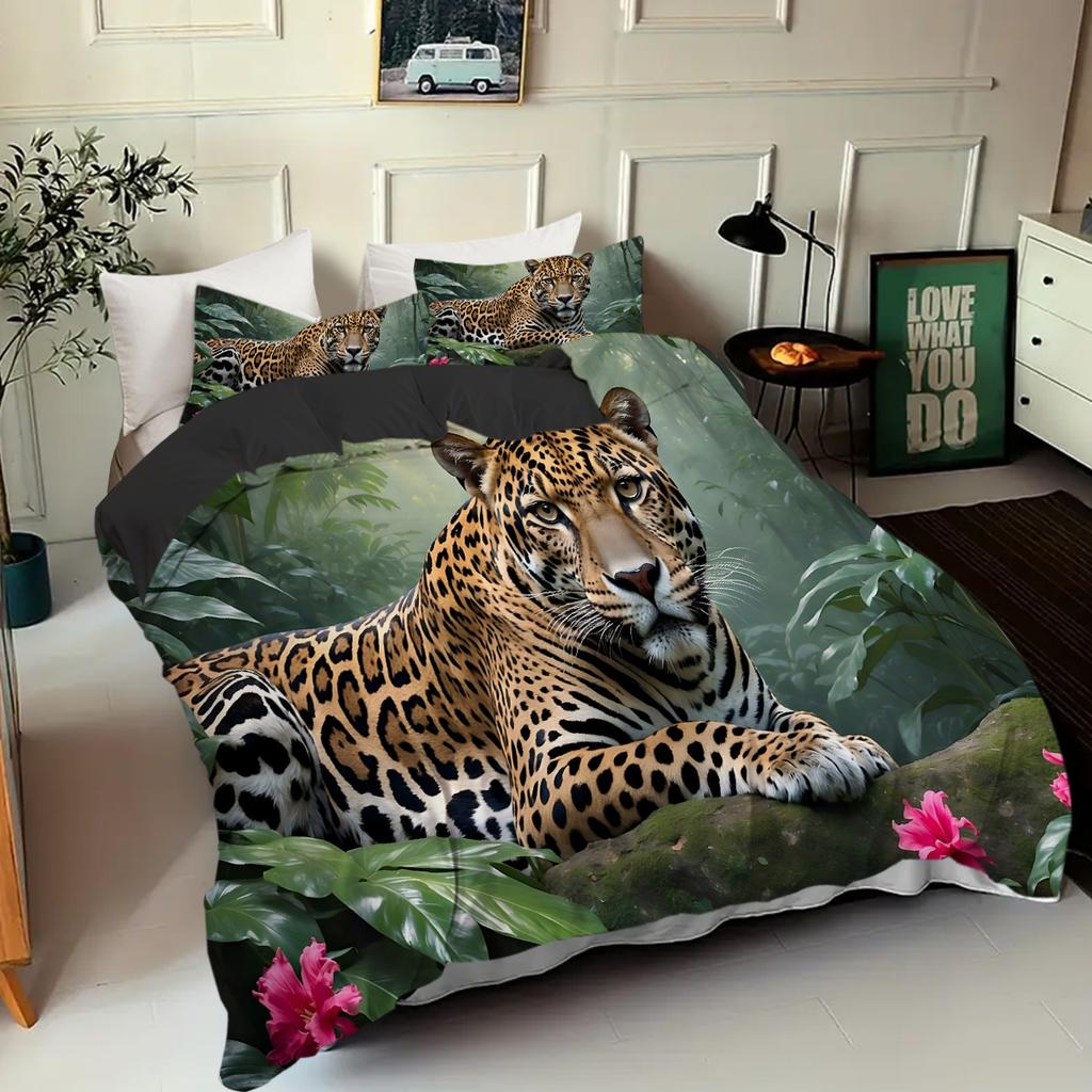 Leopard Flower Pattern Polyester 3D Printed Quilt Cover Comfortable Bedding Cover Luxury Animal Theme Duvet Cover Set Pillowcase