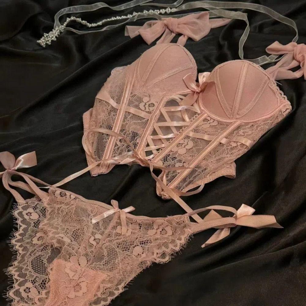 Hollow Mesh Women Lingerie Uniform Passionate Set Bow Lace Corset  Home Travel