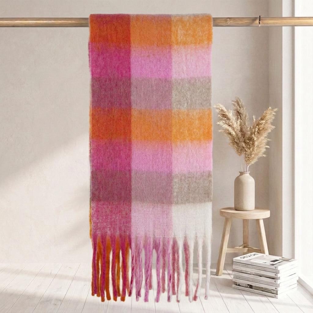 Women's High-Grade Colorful Plaid Mohair Scarf - Thick, Warm, and Versatile for Winter