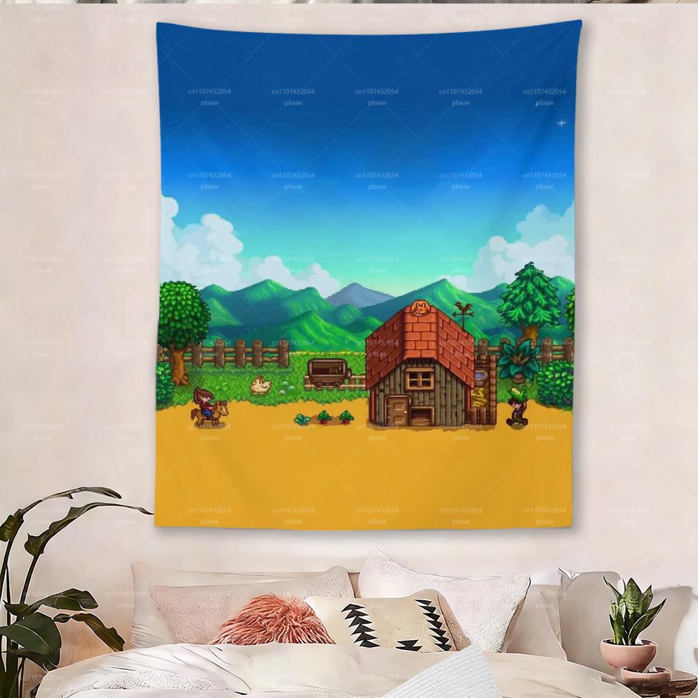 Valley Inspired Farm Pixel Art Tapestry Wall Hanging Retro Video Game Tapestries for Bedroom Living Room Dorm Home Decor