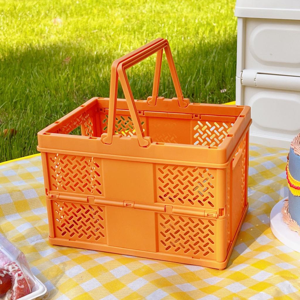 Folding Picnic Basket Stackable Storage Box Plastic Grocery Shopping Basket with Handles for Outdoor