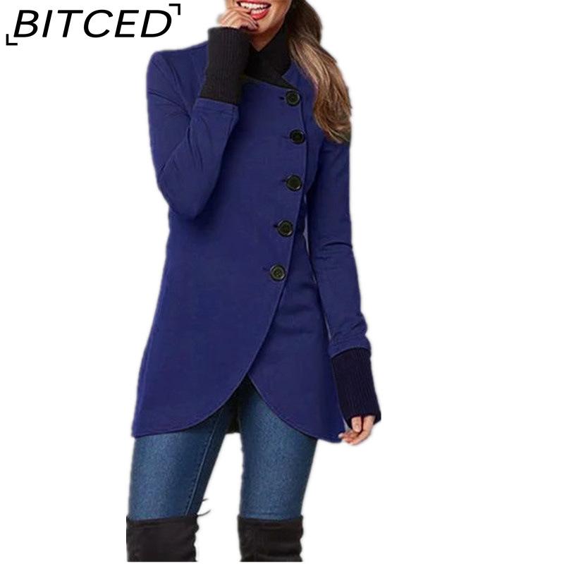 

BITCED Women s Autumn/Winter Solid-Colour Single-Breasted Long-Sleeved Coat with Patchwork Hem and Slit XXXXXL темно-синього кольору