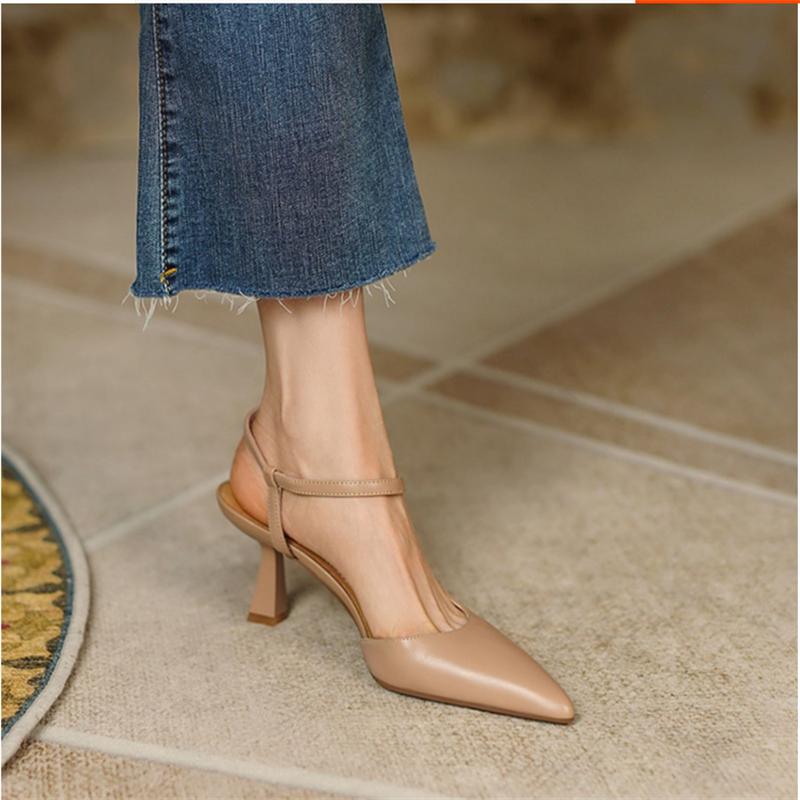 Neue Frühling Leder Slingbacks Pumps Mode Spitzschuh Flach 6cm Hohe Absätze Schnallenschuh Absätze Für Damen Kleiderschuhe