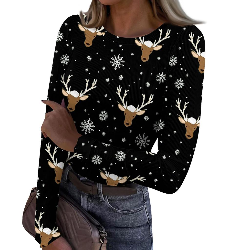 Women's Fashion Slim-Fit Round Neck Base Layer T-Shirt Christmas Print Long-Sleeved Top