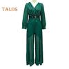 Women's Sequins Jumpsuits Long Sleeve V-Neck Shirt Sparkly Belted Wide Leg Romper Evening Party Overall Pants