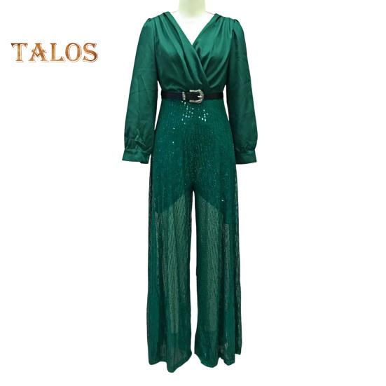 Women's Sequins Jumpsuits Long Sleeve V-Neck Shirt Sparkly Belted Wide Leg Romper Evening Party Overall Pants