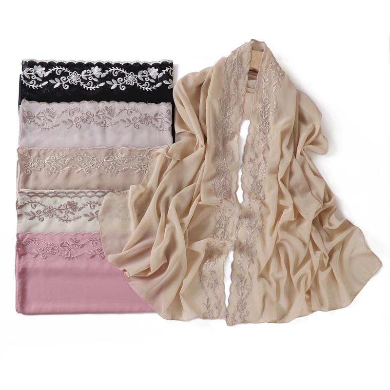Fashion Embroider Lace Floral Bubble Chiffon Hijab Ramadan Solid Shawl Women Sunscreen Headscarf Outdoor Windproof Head Wrap