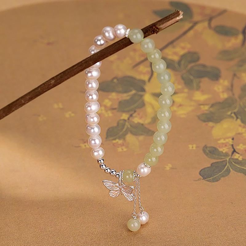 2025 High-End Natural Freshwater Pearl & Hetian Jade Butterfly Bracelet with Sterling Silver Tassel - Versatile Gift