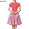 ZANZEA Women Doll Collar Casual Short Sleeve Print Patchwork Dress