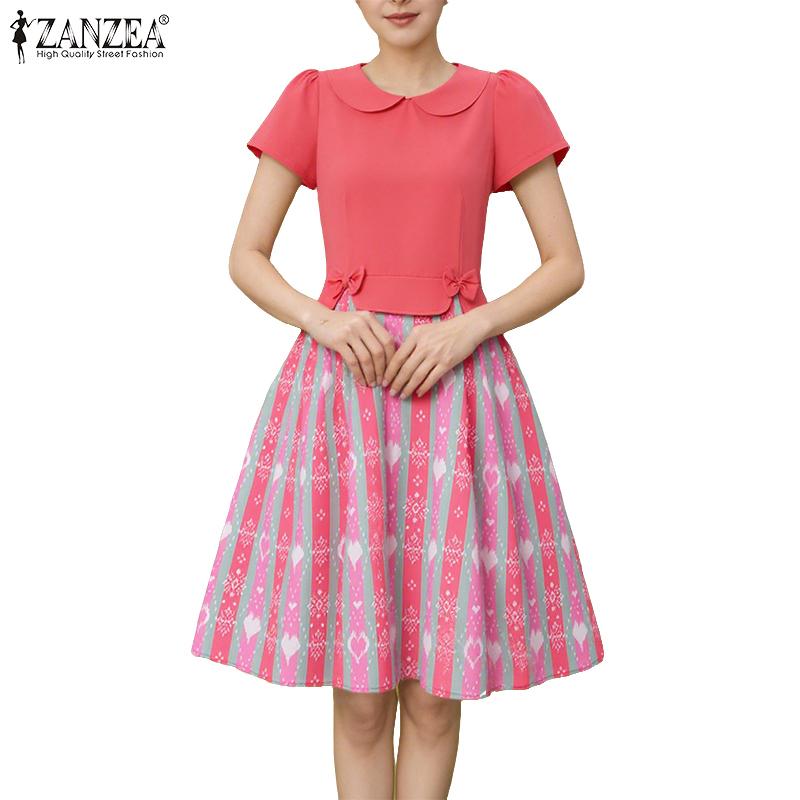 ZANZEA Women Doll Collar Casual Short Sleeve Print Patchwork Dress