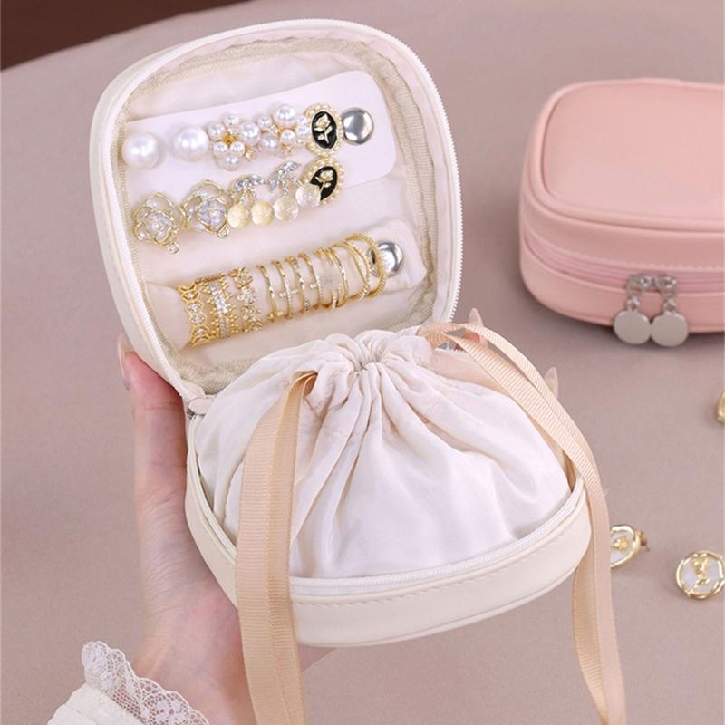Leather Jewelry Storage Bag With Adjustable Drawstring Design Safely Holds Earrings Necklaces Rings Portable Organizers