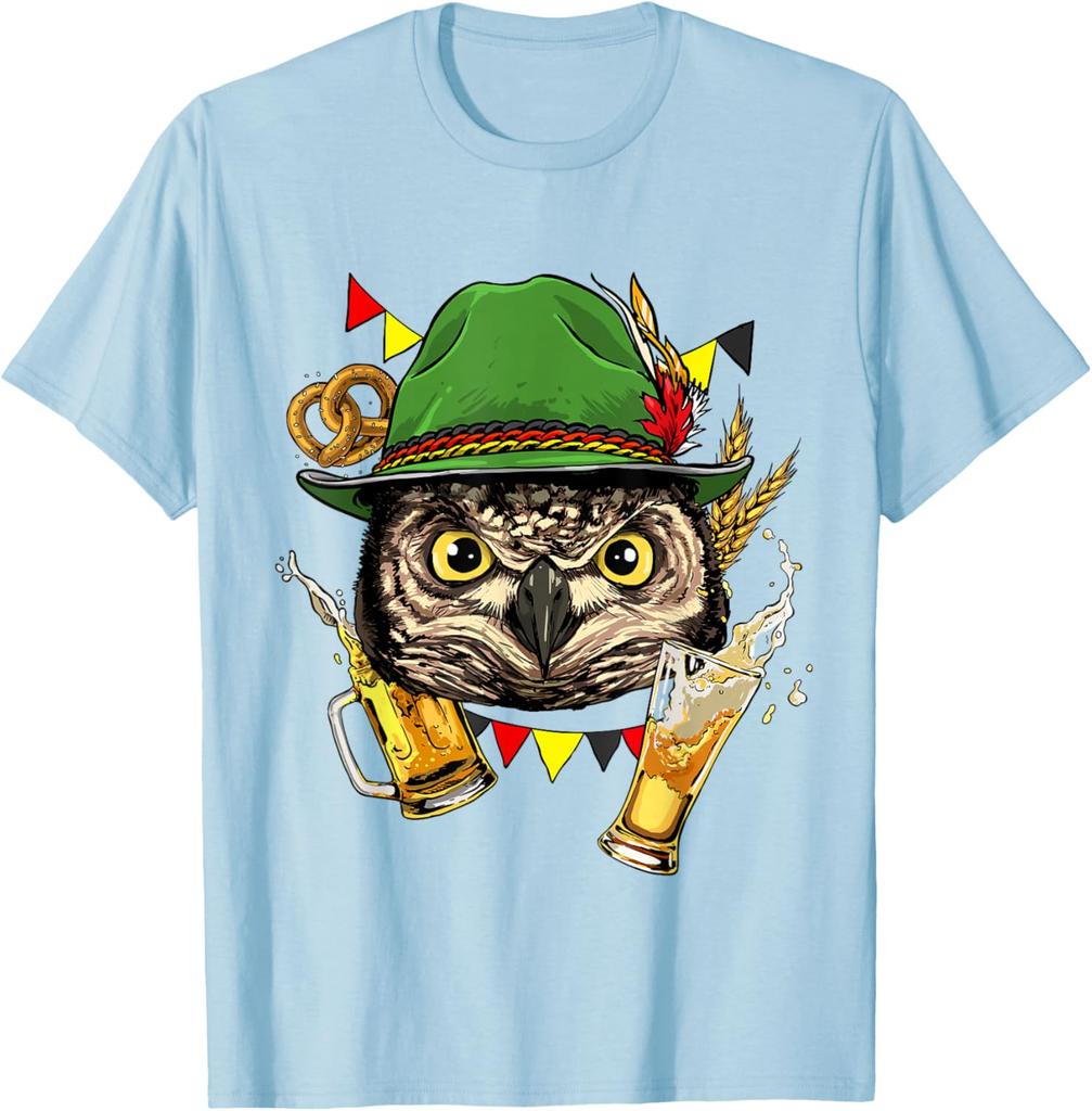Owl Oktoberfest Beer Mug Bavarian Festival Graphic Tee Casual Cotton Short Sleeve T-Shirt