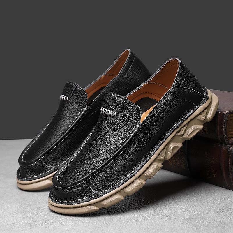 New Men Genuine Leather Casual Shoes Comfortable Flat Shoes Thick-soled Slip-on Loafers Big Size