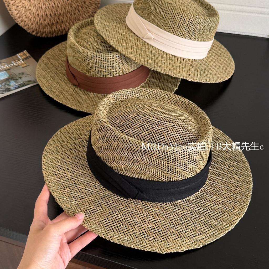 Seaside vacation style flat top straw hat women's summer French elegant beach hat sunshade sun protection hat straw top hat