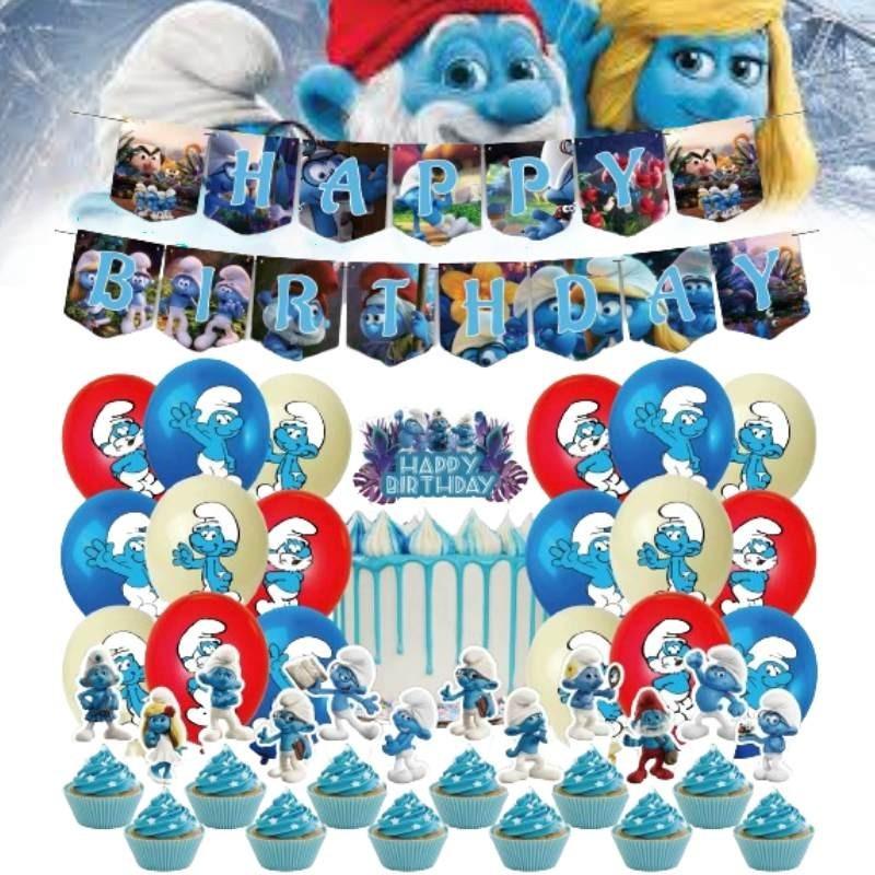 Blue Children Birthday Party Decoration Set Paper Flag Cartoon Cake Insert Balloon