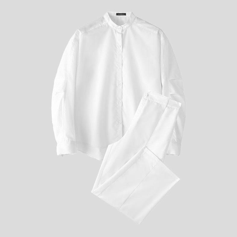 INCERUN Two Piece Suit Men Stand Neck Long Sleeve Shirts Trousers Casual Sets