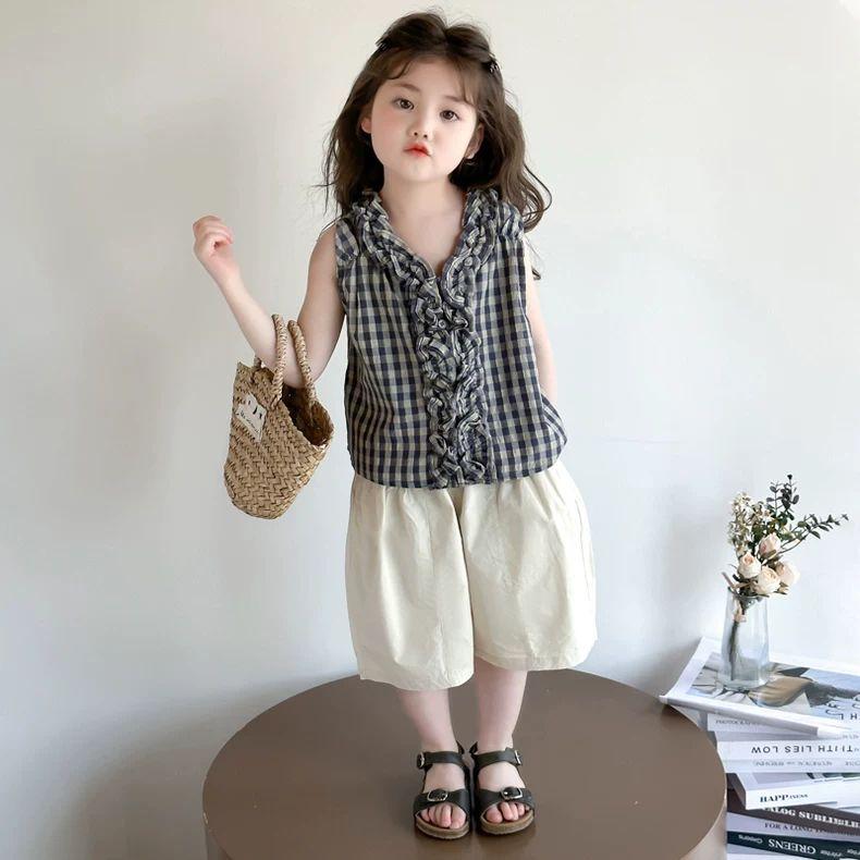 Girl's Sleeveless Wide Leg Pants Set Summer Fashion Versatile Checkered Casual Set for Girls