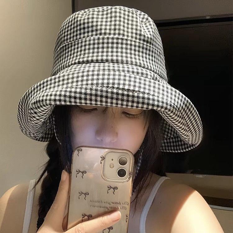 Summer Women's Sunshade Hat Sun Face Covering Fashion Thousand Bird Plaid Sunscreen Fisherman Hat
