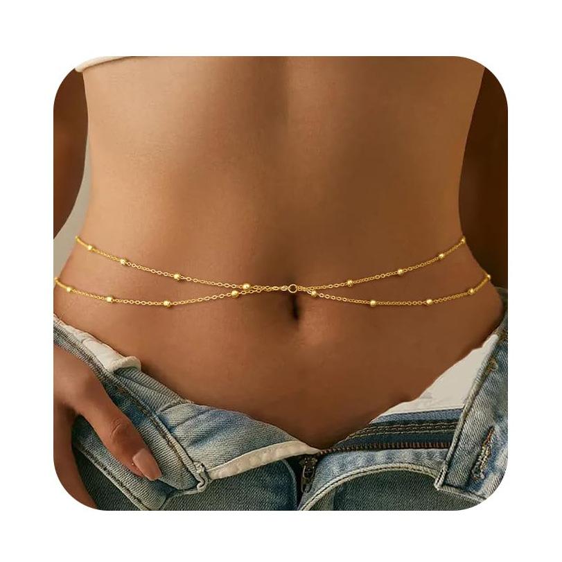 Double Layer Gold Non Tarnish Beaded Chain Belt With Cross Clip Ball Decorative Fashion Waist Accessory For Women