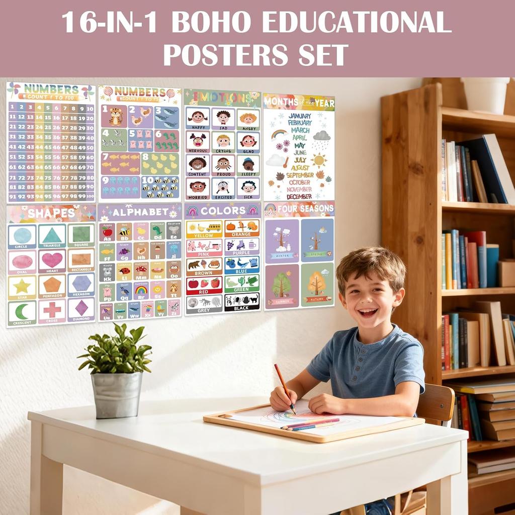 16 Educational Posters for Preschoolers, Laminated PreK Learning Poster Charts for Toddlers 1-3, Learning Wall Charts for Kids’ Bedroom, Playroom,